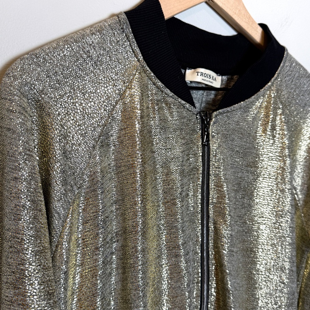 Trois Ka Womens M / L Metallic Bomber Jacket Gold Full Zip Made in France Light - Picture 4 of 10